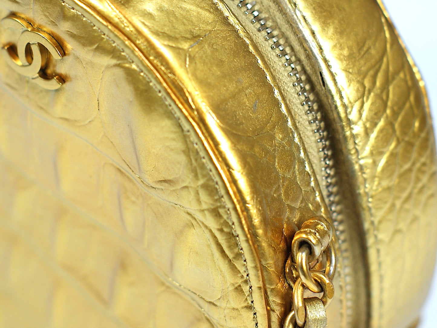 Chanel Gold Crocodile Print Bag Round Chain Clutch