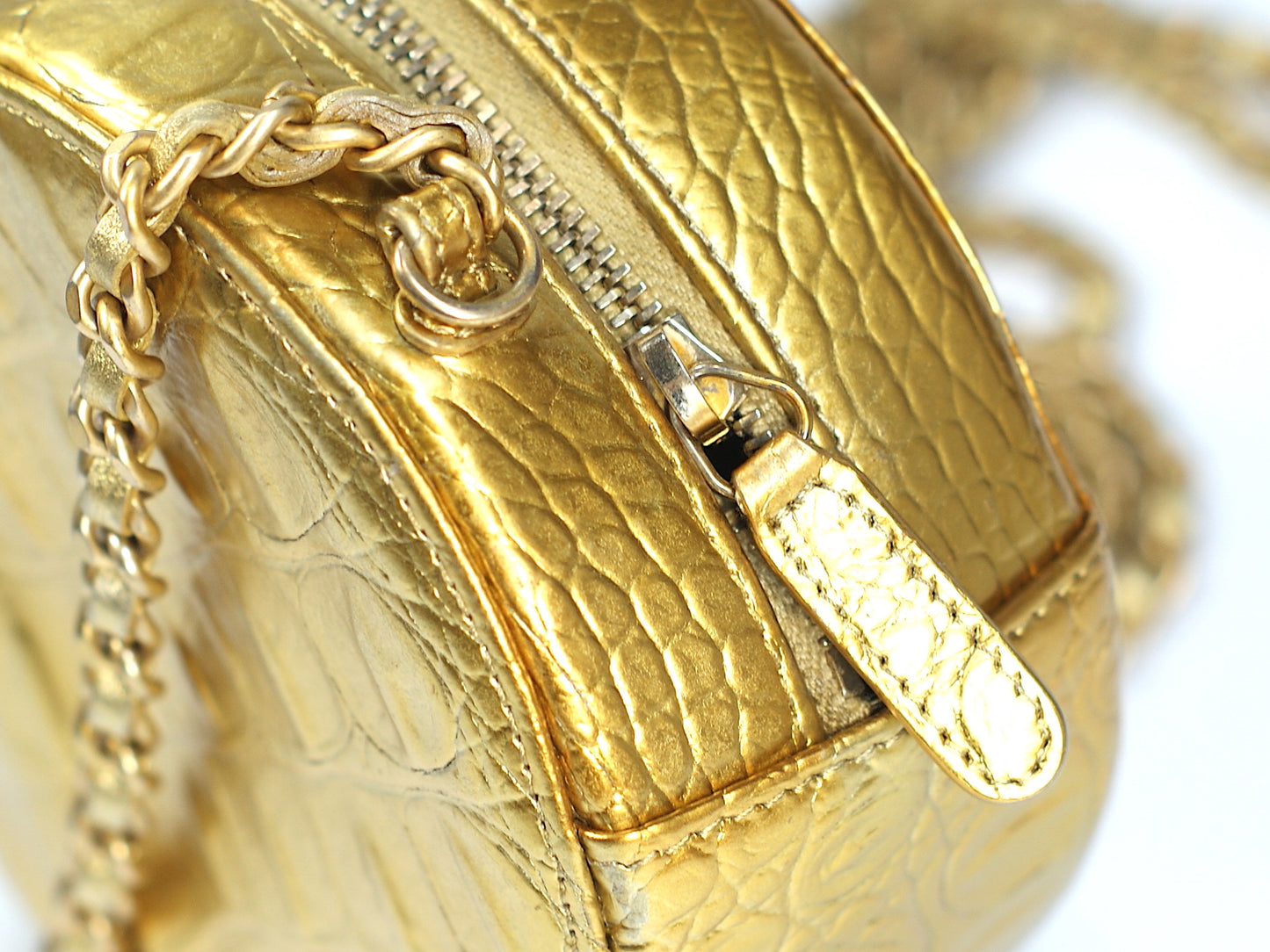 Chanel Gold Crocodile Print Bag Round Chain Clutch
