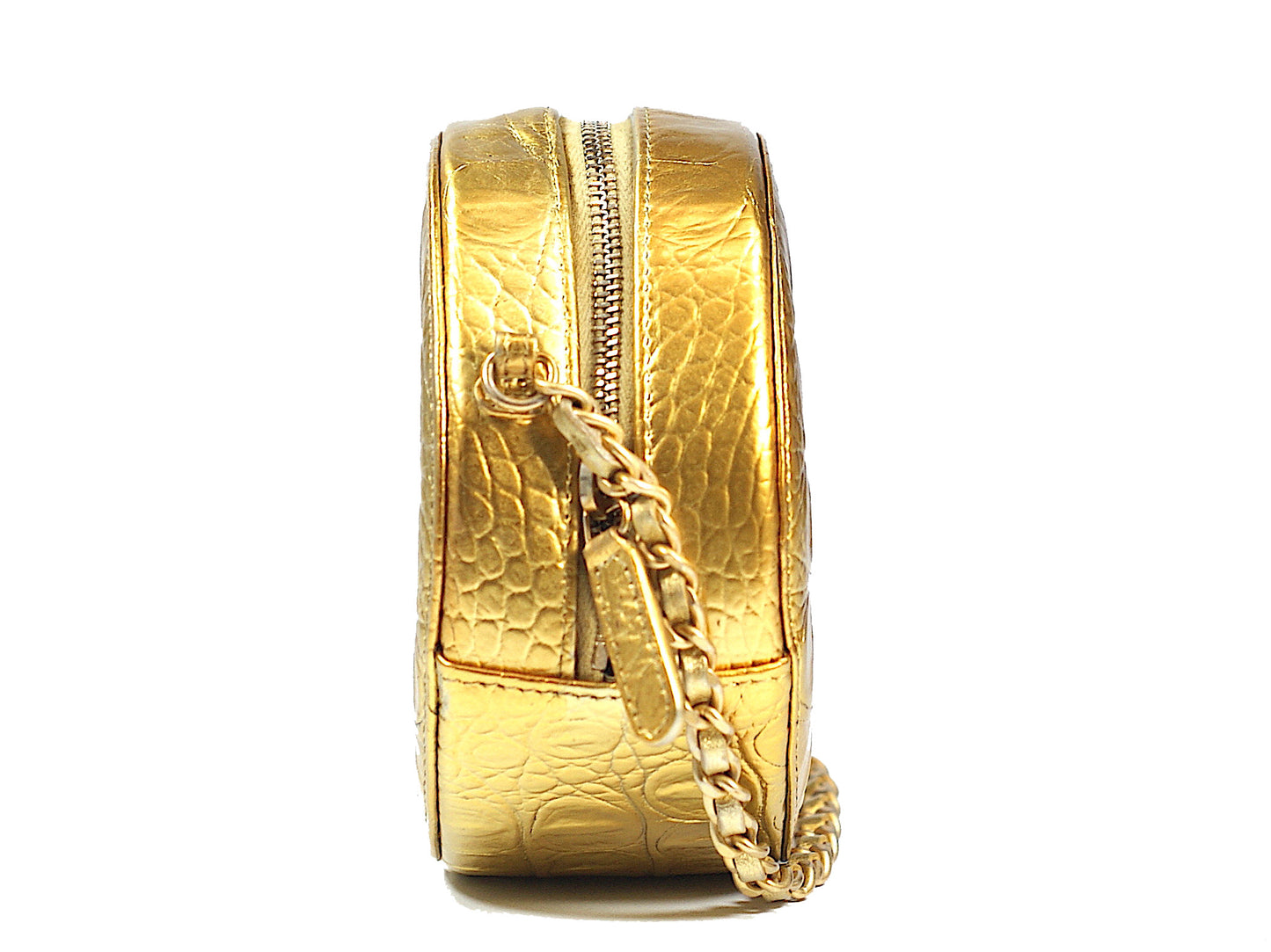 Chanel Gold Crocodile Print Bag Round Chain Clutch