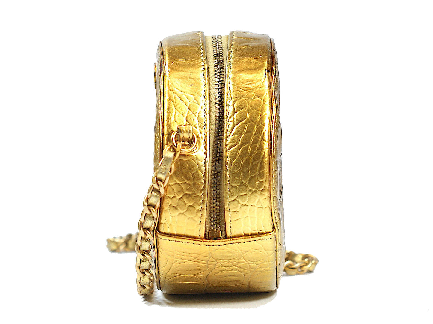 Chanel Gold Crocodile Print Bag Round Chain Clutch