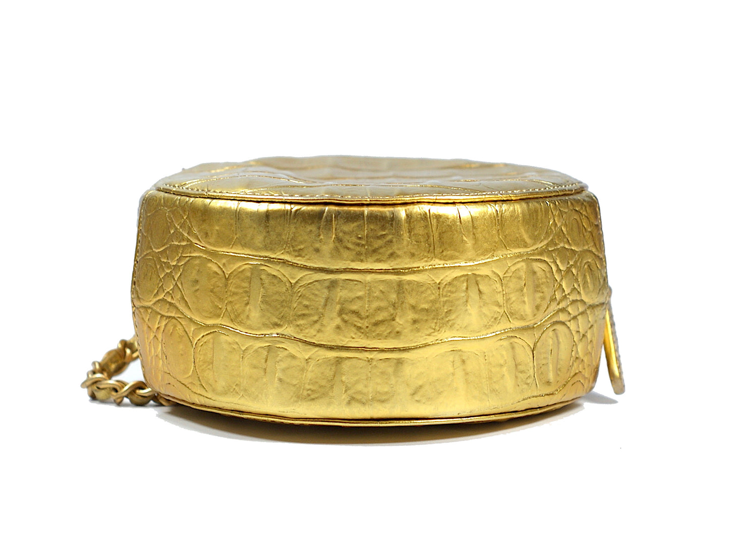 Chanel Gold Crocodile Print Bag Round Chain Clutch