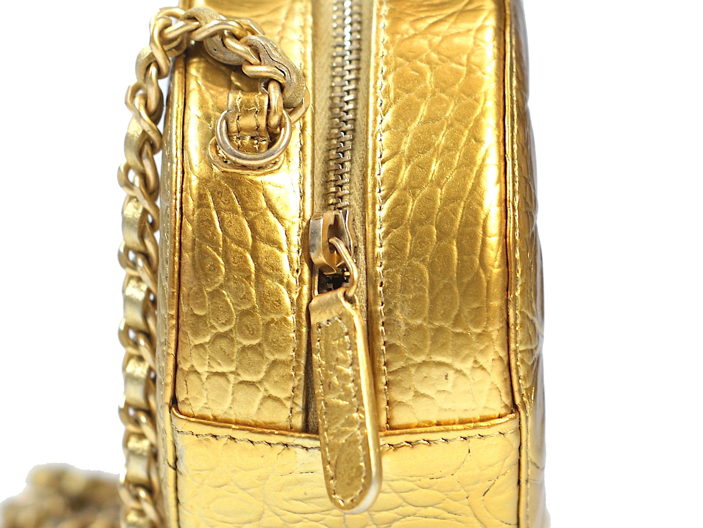 Chanel Gold Crocodile Print Bag Round Chain Clutch
