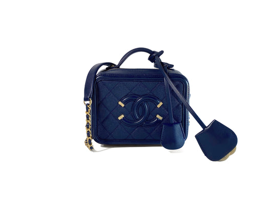 Chanel Caviar Filigree Camera Vanity Bag Navy Small