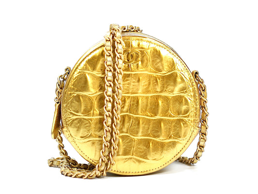 Chanel Gold Crocodile Print Bag Round Chain Clutch