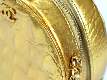 Chanel Gold Crocodile Print Bag Round Chain Clutch