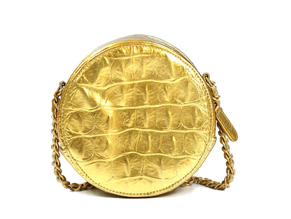 Chanel Gold Crocodile Print Bag Round Chain Clutch
